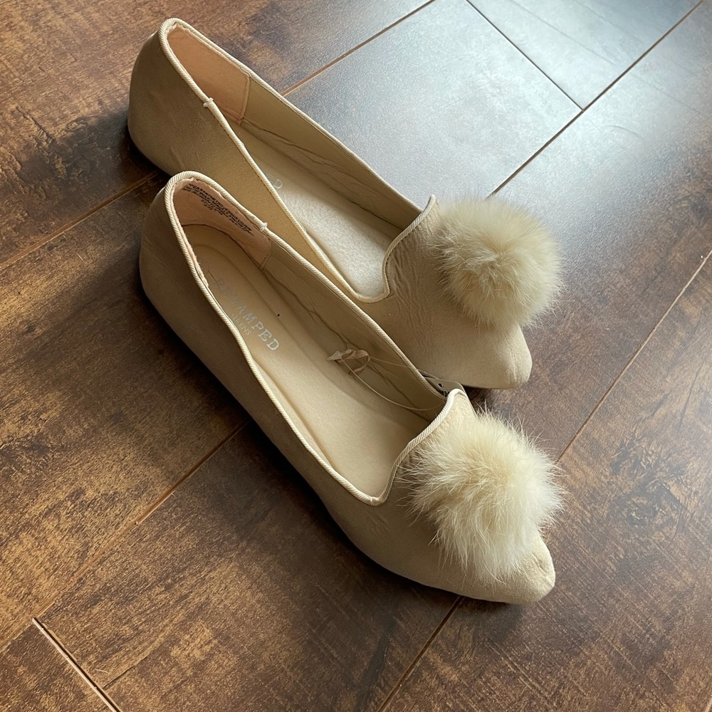 Brand new tags on fluffy nude Pom Pom flat shoes